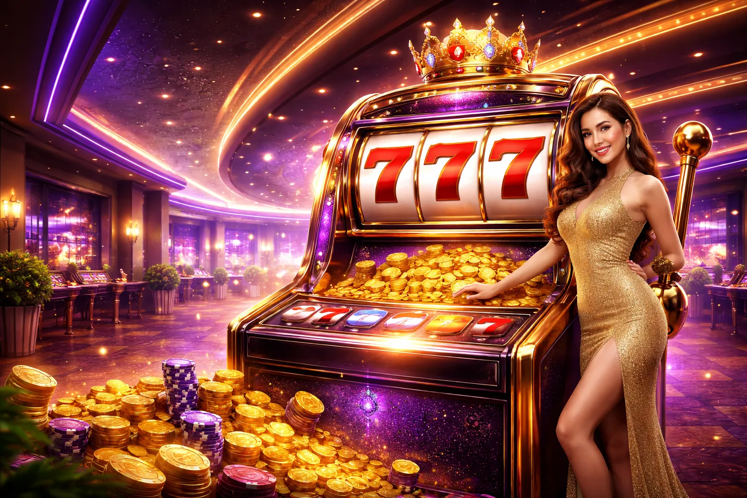 Máy đánh bạc nổ hũ với biểu tượng jackpot và tiền vàng tại 55vin nhà cái